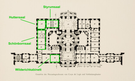 Das Bruchsaler Schloss - Grundriss des Mezzaningeschosses von Corps de Logis und Verbindungsbauten (Modifiziertes Blatt 3 (unten) der Mappe "Fritz Hirsch: Das Bruchsaler Schloss aus Anlass der Renovation (1900-1909)", erschienen: Heidelberg, Carl Winter's Universitätsbuchhandlung, 1910; Mappe aus dem Bestand des Städtischen Museums Bruchsal; Reproduktion durch Dr. Manfred Schneider, mit freundlicher Genehmigung des Museums) Das Bruchsaler Schloss - Grundriss des Mezzaningeschosses von Corps de Logis und Verbindungsbauten (Modifiziertes Blatt 3 (unten) der Mappe "Fritz Hirsch: Das Bruchsaler Schloss aus Anlass der Renovation (1900-1909)", erschienen: Heidelberg, Carl Winter's Universitätsbuchhandlung, 1910; Mappe aus dem Bestand des Städtischen Museums Bruchsal; Reproduktion durch Dr. Manfred Schneider, mit freundlicher Genehmigung des Museums)