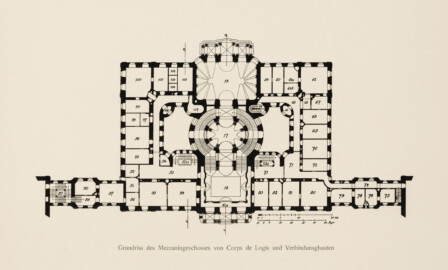Das Bruchsaler Schloss - Grundriss des Mezzaningeschosses von Corps de Logis und Verbindungsbauten (Blatt 3 (unten) der Mappe "Fritz Hirsch: Das Bruchsaler Schloss aus Anlass der Renovation (1900-1909)", erschienen: Heidelberg, Carl Winter's Universitätsbuchhandlung, 1910; Mappe aus dem Bestand des Städtischen Museums Bruchsal; Reproduktion durch Dr. Manfred Schneider, mit freundlicher Genehmigung des Museums) Das Bruchsaler Schloss - Grundriss des Mezzaningeschosses von Corps de Logis und Verbindungsbauten (Blatt 3 (unten) der Mappe "Fritz Hirsch: Das Bruchsaler Schloss aus Anlass der Renovation (1900-1909)", erschienen: Heidelberg, Carl Winter's Universitätsbuchhandlung, 1910; Mappe aus dem Bestand des Städtischen Museums Bruchsal; Reproduktion durch Dr. Manfred Schneider, mit freundlicher Genehmigung des Museums)