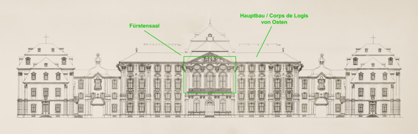 Das Bruchsaler Schloss - Ehrenhof-Fassaden (Modifiziertes Blatt 4-5 der Mappe "Fritz Hirsch: Das Bruchsaler Schloss aus Anlass der Renovation (1900-1909)", erschienen: Heidelberg, Carl Winter's Universitätsbuchhandlung, 1910; Mappe aus dem Bestand des Städtischen Museums Bruchsal; Reproduktion durch Dr. Manfred Schneider, mit freundlicher Genehmigung des Museums)