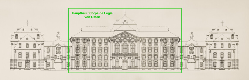 Das Bruchsaler Schloss - Ehrenhof-Fassaden (Modifiziertes Blatt 4-5 der Mappe "Fritz Hirsch: Das Bruchsaler Schloss aus Anlass der Renovation (1900-1909)", erschienen: Heidelberg, Carl Winter's Universitätsbuchhandlung, 1910; Mappe aus dem Bestand des Städtischen Museums Bruchsal; Reproduktion durch Dr. Manfred Schneider, mit freundlicher Genehmigung des Museums) Das Bruchsaler Schloss - Ehrenhof-Fassaden (Modifiziertes Blatt 4-5 der Mappe "Fritz Hirsch: Das Bruchsaler Schloss aus Anlass der Renovation (1900-1909)", erschienen: Heidelberg, Carl Winter's Universitätsbuchhandlung, 1910; Mappe aus dem Bestand des Städtischen Museums Bruchsal; Reproduktion durch Dr. Manfred Schneider, mit freundlicher Genehmigung des Museums)