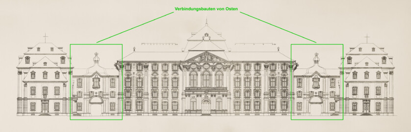Das Bruchsaler Schloss - Ehrenhof-Fassaden (Modifiziertes Blatt 4-5 der Mappe "Fritz Hirsch: Das Bruchsaler Schloss aus Anlass der Renovation (1900-1909)", erschienen: Heidelberg, Carl Winter's Universitätsbuchhandlung, 1910; Mappe aus dem Bestand des Städtischen Museums Bruchsal; Reproduktion durch Dr. Manfred Schneider, mit freundlicher Genehmigung des Museums) Das Bruchsaler Schloss - Ehrenhof-Fassaden (Modifiziertes Blatt 4-5 der Mappe "Fritz Hirsch: Das Bruchsaler Schloss aus Anlass der Renovation (1900-1909)", erschienen: Heidelberg, Carl Winter's Universitätsbuchhandlung, 1910; Mappe aus dem Bestand des Städtischen Museums Bruchsal; Reproduktion durch Dr. Manfred Schneider, mit freundlicher Genehmigung des Museums)