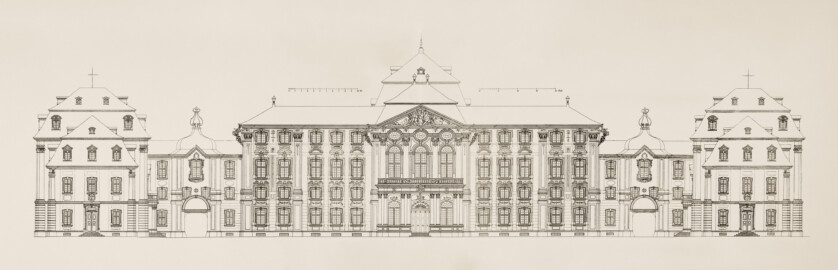 Das Bruchsaler Schloss - Ehrenhof-Fassaden (Blatt 4-5 der Mappe "Fritz Hirsch: Das Bruchsaler Schloss aus Anlass der Renovation (1900-1909)", erschienen: Heidelberg, Carl Winter's Universitätsbuchhandlung, 1910; Mappe aus dem Bestand des Städtischen Museums Bruchsal; Reproduktion durch Dr. Manfred Schneider, mit freundlicher Genehmigung des Museums) Das Bruchsaler Schloss - Ehrenhof-Fassaden (Blatt 4-5 der Mappe "Fritz Hirsch: Das Bruchsaler Schloss aus Anlass der Renovation (1900-1909)", erschienen: Heidelberg, Carl Winter's Universitätsbuchhandlung, 1910; Mappe aus dem Bestand des Städtischen Museums Bruchsal; Reproduktion durch Dr. Manfred Schneider, mit freundlicher Genehmigung des Museums)