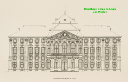Das Bruchsaler Schloss - Gartenfassade des Corps de Logis (Modifiziertes Blatt 6 der Mappe "Fritz Hirsch: Das Bruchsaler Schloss aus Anlass der Renovation (1900-1909)", erschienen: Heidelberg, Carl Winter's Universitätsbuchhandlung, 1910; Mappe aus dem Bestand des Städtischen Museums Bruchsal; Reproduktion durch Dr. Manfred Schneider, mit freundlicher Genehmigung des Museums) Das Bruchsaler Schloss - Gartenfassade des Corps de Logis (Modifiziertes Blatt 6 der Mappe "Fritz Hirsch: Das Bruchsaler Schloss aus Anlass der Renovation (1900-1909)", erschienen: Heidelberg, Carl Winter's Universitätsbuchhandlung, 1910; Mappe aus dem Bestand des Städtischen Museums Bruchsal; Reproduktion durch Dr. Manfred Schneider, mit freundlicher Genehmigung des Museums)