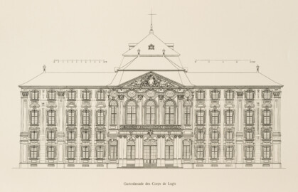 Das Bruchsaler Schloss - Gartenfassade des Corps de Logis (Blatt 6 der Mappe "Fritz Hirsch: Das Bruchsaler Schloss aus Anlass der Renovation (1900-1909)", erschienen: Heidelberg, Carl Winter's Universitätsbuchhandlung, 1910; Mappe aus dem Bestand des Städtischen Museums Bruchsal; Reproduktion durch Dr. Manfred Schneider, mit freundlicher Genehmigung des Museums) Das Bruchsaler Schloss - Gartenfassade des Corps de Logis (Blatt 6 der Mappe "Fritz Hirsch: Das Bruchsaler Schloss aus Anlass der Renovation (1900-1909)", erschienen: Heidelberg, Carl Winter's Universitätsbuchhandlung, 1910; Mappe aus dem Bestand des Städtischen Museums Bruchsal; Reproduktion durch Dr. Manfred Schneider, mit freundlicher Genehmigung des Museums)