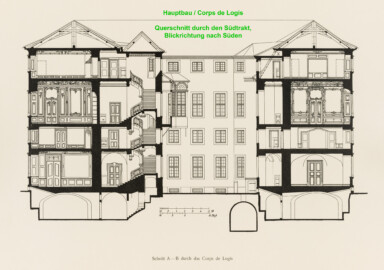 Das Bruchsaler Schloss - Schnitt A-B durch das Corps de Logis (Modifiziertes Blatt 9 der Mappe "Fritz Hirsch: Das Bruchsaler Schloss aus Anlass der Renovation (1900-1909)", erschienen: Heidelberg, Carl Winter's Universitätsbuchhandlung, 1910; Mappe aus dem Bestand des Städtischen Museums Bruchsal; Reproduktion durch Dr. Manfred Schneider, mit freundlicher Genehmigung des Museums) Das Bruchsaler Schloss - Schnitt A-B durch das Corps de Logis (Modifiziertes Blatt 9 der Mappe "Fritz Hirsch: Das Bruchsaler Schloss aus Anlass der Renovation (1900-1909)", erschienen: Heidelberg, Carl Winter's Universitätsbuchhandlung, 1910; Mappe aus dem Bestand des Städtischen Museums Bruchsal; Reproduktion durch Dr. Manfred Schneider, mit freundlicher Genehmigung des Museums)