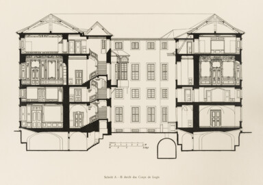 Das Bruchsaler Schloss - Schnitt A-B durch das Corps de Logis (Blatt 9 der Mappe "Fritz Hirsch: Das Bruchsaler Schloss aus Anlass der Renovation (1900-1909)", erschienen: Heidelberg, Carl Winter's Universitätsbuchhandlung, 1910; Mappe aus dem Bestand des Städtischen Museums Bruchsal; Reproduktion durch Dr. Manfred Schneider, mit freundlicher Genehmigung des Museums) Das Bruchsaler Schloss - Schnitt A-B durch das Corps de Logis (Blatt 9 der Mappe "Fritz Hirsch: Das Bruchsaler Schloss aus Anlass der Renovation (1900-1909)", erschienen: Heidelberg, Carl Winter's Universitätsbuchhandlung, 1910; Mappe aus dem Bestand des Städtischen Museums Bruchsal; Reproduktion durch Dr. Manfred Schneider, mit freundlicher Genehmigung des Museums)
