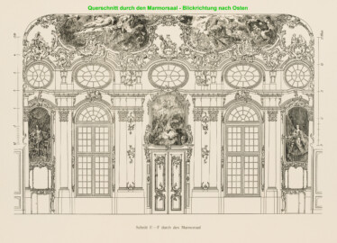 Das Bruchsaler Schloss - Schnitt E-F durch den Marmorsaal (Modifiziertes Blatt 10 der Mappe "Fritz Hirsch: Das Bruchsaler Schloss aus Anlass der Renovation (1900-1909)", erschienen: Heidelberg, Carl Winter's Universitätsbuchhandlung, 1910; Mappe aus dem Bestand des Städtischen Museums Bruchsal; Reproduktion durch Dr. Manfred Schneider, mit freundlicher Genehmigung des Museums)