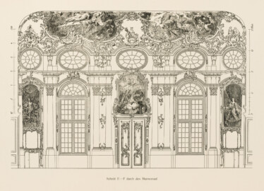 Das Bruchsaler Schloss - Schnitt E-F durch den Marmorsaal (Blatt 10 der Mappe "Fritz Hirsch: Das Bruchsaler Schloss aus Anlass der Renovation (1900-1909)", erschienen: Heidelberg, Carl Winter's Universitätsbuchhandlung, 1910; Mappe aus dem Bestand des Städtischen Museums Bruchsal; Reproduktion durch Dr. Manfred Schneider, mit freundlicher Genehmigung des Museums) Das Bruchsaler Schloss - Schnitt E-F durch den Marmorsaal (Blatt 10 der Mappe "Fritz Hirsch: Das Bruchsaler Schloss aus Anlass der Renovation (1900-1909)", erschienen: Heidelberg, Carl Winter's Universitätsbuchhandlung, 1910; Mappe aus dem Bestand des Städtischen Museums Bruchsal; Reproduktion durch Dr. Manfred Schneider, mit freundlicher Genehmigung des Museums)