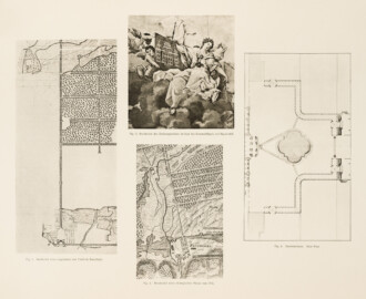 Das Bruchsaler Schloss - Fig. 1. Bruchstück eines Lageplanes von Friedrich Bruchleder; Fig. 2. Bruchstück des Deckengemäldes im Saal des Kammerflügels mit Baumodell; Fig. 3. Bruchstück eines strategischen Planes von 1735; Fig. 4. Gartenterrasse. Alter Plan (Blatt 11 der Mappe "Fritz Hirsch: Das Bruchsaler Schloss aus Anlass der Renovation (1900-1909)", erschienen: Heidelberg, Carl Winter's Universitätsbuchhandlung, 1910; Mappe aus dem Bestand des Städtischen Museums Bruchsal; Reproduktion durch Dr. Manfred Schneider, mit freundlicher Genehmigung des Museums) Das Bruchsaler Schloss - Fig. 1. Bruchstück eines Lageplanes von Friedrich Bruchleder; Fig. 2. Bruchstück des Deckengemäldes im Saal des Kammerflügels mit Baumodell; Fig. 3. Bruchstück eines strategischen Planes von 1735; Fig. 4. Gartenterrasse. Alter Plan (Blatt 11 der Mappe "Fritz Hirsch: Das Bruchsaler Schloss aus Anlass der Renovation (1900-1909)", erschienen: Heidelberg, Carl Winter's Universitätsbuchhandlung, 1910; Mappe aus dem Bestand des Städtischen Museums Bruchsal; Reproduktion durch Dr. Manfred Schneider, mit freundlicher Genehmigung des Museums)