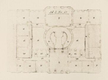 Das Bruchsaler Schloss - Grundriss des Corps de Logis von Anselm Franz Freiherr von Ritter (Blatt 12 (oben) der Mappe "Fritz Hirsch: Das Bruchsaler Schloss aus Anlass der Renovation (1900-1909)", erschienen: Heidelberg, Carl Winter's Universitätsbuchhandlung, 1910; Mappe aus dem Bestand des Städtischen Museums Bruchsal; Reproduktion durch Dr. Manfred Schneider, mit freundlicher Genehmigung des Museums) Das Bruchsaler Schloss - Grundriss des Corps de Logis von Anselm Franz Freiherr von Ritter (Blatt 12 (oben) der Mappe "Fritz Hirsch: Das Bruchsaler Schloss aus Anlass der Renovation (1900-1909)", erschienen: Heidelberg, Carl Winter's Universitätsbuchhandlung, 1910; Mappe aus dem Bestand des Städtischen Museums Bruchsal; Reproduktion durch Dr. Manfred Schneider, mit freundlicher Genehmigung des Museums)