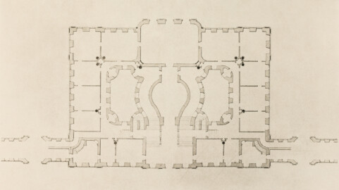 Das Bruchsaler Schloss - Grundriss des Corps de Logis von Anselm Franz Freiherr von Ritter (Blatt 12 (unten) der Mappe "Fritz Hirsch: Das Bruchsaler Schloss aus Anlass der Renovation (1900-1909)", erschienen: Heidelberg, Carl Winter's Universitätsbuchhandlung, 1910; Mappe aus dem Bestand des Städtischen Museums Bruchsal; Reproduktion durch Dr. Manfred Schneider, mit freundlicher Genehmigung des Museums) Das Bruchsaler Schloss - Grundriss des Corps de Logis von Anselm Franz Freiherr von Ritter (Blatt 12 (unten) der Mappe "Fritz Hirsch: Das Bruchsaler Schloss aus Anlass der Renovation (1900-1909)", erschienen: Heidelberg, Carl Winter's Universitätsbuchhandlung, 1910; Mappe aus dem Bestand des Städtischen Museums Bruchsal; Reproduktion durch Dr. Manfred Schneider, mit freundlicher Genehmigung des Museums)
