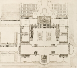 Das Bruchsaler Schloss - Pause eines Planes der Residenz von ca. 1726 (Blatt 14 der Mappe "Fritz Hirsch: Das Bruchsaler Schloss aus Anlass der Renovation (1900-1909)", erschienen: Heidelberg, Carl Winter's Universitätsbuchhandlung, 1910; Mappe aus dem Bestand des Städtischen Museums Bruchsal; Reproduktion durch Dr. Manfred Schneider, mit freundlicher Genehmigung des Museums) Das Bruchsaler Schloss - Pause eines Planes der Residenz von ca. 1726 (Blatt 14 der Mappe "Fritz Hirsch: Das Bruchsaler Schloss aus Anlass der Renovation (1900-1909)", erschienen: Heidelberg, Carl Winter's Universitätsbuchhandlung, 1910; Mappe aus dem Bestand des Städtischen Museums Bruchsal; Reproduktion durch Dr. Manfred Schneider, mit freundlicher Genehmigung des Museums)