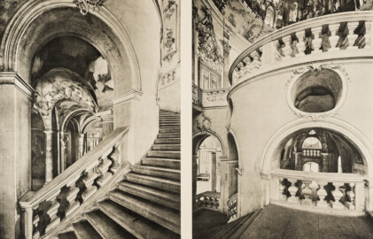 Das Bruchsaler Schloss - Corps de Logis [1] - Das Haupttreppenhaus 1732 (Blatt 22 der Mappe "Fritz Hirsch: Das Bruchsaler Schloss aus Anlass der Renovation (1900-1909)", erschienen: Heidelberg, Carl Winter's Universitätsbuchhandlung, 1910; Mappe aus dem Bestand des Städtischen Museums Bruchsal; Reproduktion durch Dr. Manfred Schneider, mit freundlicher Genehmigung des Museums)