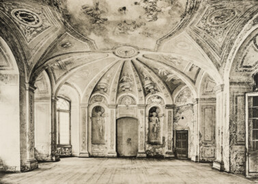 Das Bruchsaler Schloss - Corps de Logis [1], Sala Terrena (18) - Malerei Marchinis 1736 (Blatt 26 der Mappe "Fritz Hirsch: Das Bruchsaler Schloss aus Anlass der Renovation (1900-1909)", erschienen: Heidelberg, Carl Winter's Universitätsbuchhandlung, 1910; Mappe aus dem Bestand des Städtischen Museums Bruchsal; Reproduktion durch Dr. Manfred Schneider, mit freundlicher Genehmigung des Museums)