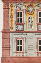 Das Bruchsaler Schloss - Fassadenmalerei Marchinis 1731-36 - Schmalseite des Kammerflügels [2] (Blatt 27 (links) der Mappe "Fritz Hirsch: Das Bruchsaler Schloss aus Anlass der Renovation (1900-1909)", erschienen: Heidelberg, Carl Winter's Universitätsbuchhandlung, 1910; Mappe aus dem Bestand des Städtischen Museums Bruchsal; Reproduktion durch Dr. Manfred Schneider, mit freundlicher Genehmigung des Museums)