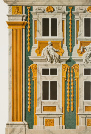 Das Bruchsaler Schloss - Fassadenmalerei Marchinis 1731-36 - Schmalseite der südlichen Orangerie [12] (Blatt 27 (rechts) der Mappe "Fritz Hirsch: Das Bruchsaler Schloss aus Anlass der Renovation (1900-1909)", erschienen: Heidelberg, Carl Winter's Universitätsbuchhandlung, 1910; Mappe aus dem Bestand des Städtischen Museums Bruchsal; Reproduktion durch Dr. Manfred Schneider, mit freundlicher Genehmigung des Museums)