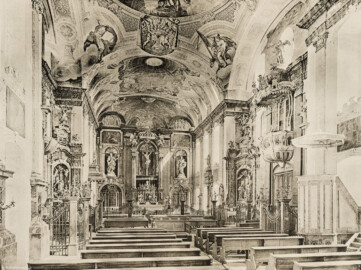 Das Bruchsaler Schloss - Die Schlosskirche [5], Ostseite (Blatt 29 der Mappe "Fritz Hirsch: Das Bruchsaler Schloss aus Anlass der Renovation (1900-1909)", erschienen: Heidelberg, Carl Winter's Universitätsbuchhandlung, 1910; Mappe aus dem Bestand des Städtischen Museums Bruchsal; Reproduktion durch Dr. Manfred Schneider, mit freundlicher Genehmigung des Museums)