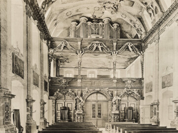 Das Bruchsaler Schloss - Die Schlosskirche [5], Westseite (Blatt 30 der Mappe "Fritz Hirsch: Das Bruchsaler Schloss aus Anlass der Renovation (1900-1909)", erschienen: Heidelberg, Carl Winter's Universitätsbuchhandlung, 1910; Mappe aus dem Bestand des Städtischen Museums Bruchsal; Reproduktion durch Dr. Manfred Schneider, mit freundlicher Genehmigung des Museums)