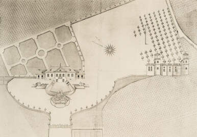 Das Bruchsaler Schloss - Die Wasserburg [48 u. 50] - Zeichnung von Leonhard Stahl ca. 1758 (Blatt 34 der Mappe "Fritz Hirsch: Das Bruchsaler Schloss aus Anlass der Renovation (1900-1909)", erschienen: Heidelberg, Carl Winter's Universitätsbuchhandlung, 1910; Mappe aus dem Bestand des Städtischen Museums Bruchsal; Reproduktion durch Dr. Manfred Schneider, mit freundlicher Genehmigung des Museums)
