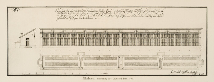 Das Bruchsaler Schloss - Glashaus. Zeichnung von Leonhard Stahl 1772 (Blatt 35 (oben) der Mappe "Fritz Hirsch: Das Bruchsaler Schloss aus Anlass der Renovation (1900-1909)", erschienen: Heidelberg, Carl Winter's Universitätsbuchhandlung, 1910; Mappe aus dem Bestand des Städtischen Museums Bruchsal; Reproduktion durch Dr. Manfred Schneider, mit freundlicher Genehmigung des Museums) Das Bruchsaler Schloss - Glashaus. Zeichnung von Leonhard Stahl 1772 (Blatt 35 (oben) der Mappe "Fritz Hirsch: Das Bruchsaler Schloss aus Anlass der Renovation (1900-1909)", erschienen: Heidelberg, Carl Winter's Universitätsbuchhandlung, 1910; Mappe aus dem Bestand des Städtischen Museums Bruchsal; Reproduktion durch Dr. Manfred Schneider, mit freundlicher Genehmigung des Museums)