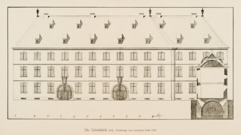 Das Bruchsaler Schloss - Die Tabakfabrik [24]. Zeichnung von Leonhard Stahl 1753 (Blatt 35 (unten) der Mappe "Fritz Hirsch: Das Bruchsaler Schloss aus Anlass der Renovation (1900-1909)", erschienen: Heidelberg, Carl Winter's Universitätsbuchhandlung, 1910; Mappe aus dem Bestand des Städtischen Museums Bruchsal; Reproduktion durch Dr. Manfred Schneider, mit freundlicher Genehmigung des Museums)