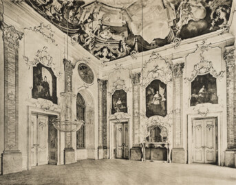 Das Bruchsaler Schloss - Corps de Logis, Fürstensaal (109) 1751 - Stukkaturen von Joh. Michael Feichtmeier 1751 (Blatt 36 der Mappe "Fritz Hirsch: Das Bruchsaler Schloss aus Anlass der Renovation (1900-1909)", erschienen: Heidelberg, Carl Winter's Universitätsbuchhandlung, 1910; Mappe aus dem Bestand des Städtischen Museums Bruchsal; Reproduktion durch Dr. Manfred Schneider, mit freundlicher Genehmigung des Museums) Das Bruchsaler Schloss - Corps de Logis, Fürstensaal (109) 1751 - Stukkaturen von Joh. Michael Feichtmeier 1751 (Blatt 36 der Mappe "Fritz Hirsch: Das Bruchsaler Schloss aus Anlass der Renovation (1900-1909)", erschienen: Heidelberg, Carl Winter's Universitätsbuchhandlung, 1910; Mappe aus dem Bestand des Städtischen Museums Bruchsal; Reproduktion durch Dr. Manfred Schneider, mit freundlicher Genehmigung des Museums)