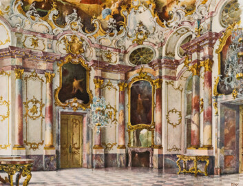 Das Bruchsaler Schloss - Corps de Logis, Marmorsaal (131) - Joh. Michael Feichtmeier 1753-54 (Anmerkung: gemalt von Heinrich Kley) (Blatt 39 der Mappe "Fritz Hirsch: Das Bruchsaler Schloss aus Anlass der Renovation (1900-1909)", erschienen: Heidelberg, Carl Winter's Universitätsbuchhandlung, 1910; Mappe aus dem Bestand des Städtischen Museums Bruchsal; Reproduktion durch Dr. Manfred Schneider, mit freundlicher Genehmigung des Museums) Das Bruchsaler Schloss - Corps de Logis, Marmorsaal (131) - Joh. Michael Feichtmeier 1753-54 (Anmerkung: gemalt von Heinrich Kley) (Blatt 39 der Mappe "Fritz Hirsch: Das Bruchsaler Schloss aus Anlass der Renovation (1900-1909)", erschienen: Heidelberg, Carl Winter's Universitätsbuchhandlung, 1910; Mappe aus dem Bestand des Städtischen Museums Bruchsal; Reproduktion durch Dr. Manfred Schneider, mit freundlicher Genehmigung des Museums)