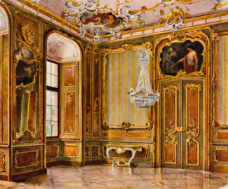 Das Bruchsaler Schloss - Corps de Logis, Gelbes Zimmer (132) 1755 (Anmerkung: gemalt von Heinrich Kley) (Blatt 43 der Mappe "Fritz Hirsch: Das Bruchsaler Schloss aus Anlass der Renovation (1900-1909)", erschienen: Heidelberg, Carl Winter's Universitätsbuchhandlung, 1910; Mappe aus dem Bestand des Städtischen Museums Bruchsal; Reproduktion durch Dr. Manfred Schneider, mit freundlicher Genehmigung des Museums) Das Bruchsaler Schloss - Corps de Logis, Gelbes Zimmer (132) 1755 (Anmerkung: gemalt von Heinrich Kley) (Blatt 43 der Mappe "Fritz Hirsch: Das Bruchsaler Schloss aus Anlass der Renovation (1900-1909)", erschienen: Heidelberg, Carl Winter's Universitätsbuchhandlung, 1910; Mappe aus dem Bestand des Städtischen Museums Bruchsal; Reproduktion durch Dr. Manfred Schneider, mit freundlicher Genehmigung des Museums)
