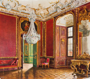 Das Bruchsaler Schloss - Corps de Logis, Rotes Zimmer (136) ca. 1756 (Anmerkung: gemalt von Heinrich Kley) (Blatt 46 der Mappe "Fritz Hirsch: Das Bruchsaler Schloss aus Anlass der Renovation (1900-1909)", erschienen: Heidelberg, Carl Winter's Universitätsbuchhandlung, 1910; Mappe aus dem Bestand des Städtischen Museums Bruchsal; Reproduktion durch Dr. Manfred Schneider, mit freundlicher Genehmigung des Museums) Das Bruchsaler Schloss - Corps de Logis, Rotes Zimmer (136) ca. 1756 (Anmerkung: gemalt von Heinrich Kley) (Blatt 46 der Mappe "Fritz Hirsch: Das Bruchsaler Schloss aus Anlass der Renovation (1900-1909)", erschienen: Heidelberg, Carl Winter's Universitätsbuchhandlung, 1910; Mappe aus dem Bestand des Städtischen Museums Bruchsal; Reproduktion durch Dr. Manfred Schneider, mit freundlicher Genehmigung des Museums)
