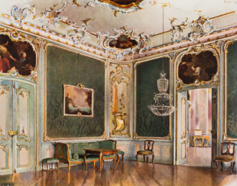 Das Bruchsaler Schloss - Corps de Logis, Jagdzimmer (127) ca. 1756 (Anmerkung; gemalt von Heinrich Kley, 1903) (Blatt 52 der Mappe "Fritz Hirsch: Das Bruchsaler Schloss aus Anlass der Renovation (1900-1909)", erschienen: Heidelberg, Carl Winter's Universitätsbuchhandlung, 1910; Mappe aus dem Bestand des Städtischen Museums Bruchsal; Reproduktion durch Dr. Manfred Schneider, mit freundlicher Genehmigung des Museums) Das Bruchsaler Schloss - Corps de Logis, Jagdzimmer (127) ca. 1756 (Anmerkung; gemalt von Heinrich Kley, 1903) (Blatt 52 der Mappe "Fritz Hirsch: Das Bruchsaler Schloss aus Anlass der Renovation (1900-1909)", erschienen: Heidelberg, Carl Winter's Universitätsbuchhandlung, 1910; Mappe aus dem Bestand des Städtischen Museums Bruchsal; Reproduktion durch Dr. Manfred Schneider, mit freundlicher Genehmigung des Museums)