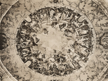 Das Bruchsaler Schloss - Corps de Logis, Deckengemälde im Haupttreppenhaus (108) von Joh. Zick 1752 (Blatt 55 der Mappe "Fritz Hirsch: Das Bruchsaler Schloss aus Anlass der Renovation (1900-1909)", erschienen: Heidelberg, Carl Winter's Universitätsbuchhandlung, 1910; Mappe aus dem Bestand des Städtischen Museums Bruchsal; Reproduktion durch Dr. Manfred Schneider, mit freundlicher Genehmigung des Museums) Das Bruchsaler Schloss - Corps de Logis, Deckengemälde im Haupttreppenhaus (108) von Joh. Zick 1752 (Blatt 55 der Mappe "Fritz Hirsch: Das Bruchsaler Schloss aus Anlass der Renovation (1900-1909)", erschienen: Heidelberg, Carl Winter's Universitätsbuchhandlung, 1910; Mappe aus dem Bestand des Städtischen Museums Bruchsal; Reproduktion durch Dr. Manfred Schneider, mit freundlicher Genehmigung des Museums)