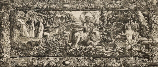 Das Bruchsaler Schloss - Corps de Logis (171), Gobelin mit der Aufschrift "Jupiter Transformatus" (Blatt 72 (oben) der Mappe "Fritz Hirsch: Das Bruchsaler Schloss aus Anlass der Renovation (1900-1909)", erschienen: Heidelberg, Carl Winter's Universitätsbuchhandlung, 1910; Mappe aus dem Bestand des Städtischen Museums Bruchsal; Reproduktion durch Dr. Manfred Schneider, mit freundlicher Genehmigung des Museums) Das Bruchsaler Schloss - Corps de Logis (171), Gobelin mit der Aufschrift "Jupiter Transformatus" (Blatt 72 (oben) der Mappe "Fritz Hirsch: Das Bruchsaler Schloss aus Anlass der Renovation (1900-1909)", erschienen: Heidelberg, Carl Winter's Universitätsbuchhandlung, 1910; Mappe aus dem Bestand des Städtischen Museums Bruchsal; Reproduktion durch Dr. Manfred Schneider, mit freundlicher Genehmigung des Museums)