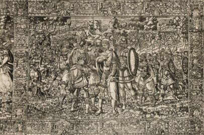 Das Bruchsaler Schloss - Corps de Logis (185), Gobelin (Blatt 72 (unten) der Mappe "Fritz Hirsch: Das Bruchsaler Schloss aus Anlass der Renovation (1900-1909)", erschienen: Heidelberg, Carl Winter's Universitätsbuchhandlung, 1910; Mappe aus dem Bestand des Städtischen Museums Bruchsal; Reproduktion durch Dr. Manfred Schneider, mit freundlicher Genehmigung des Museums) Das Bruchsaler Schloss - Corps de Logis (185), Gobelin (Blatt 72 (unten) der Mappe "Fritz Hirsch: Das Bruchsaler Schloss aus Anlass der Renovation (1900-1909)", erschienen: Heidelberg, Carl Winter's Universitätsbuchhandlung, 1910; Mappe aus dem Bestand des Städtischen Museums Bruchsal; Reproduktion durch Dr. Manfred Schneider, mit freundlicher Genehmigung des Museums)