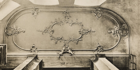 Das Bruchsaler Schloss - Corps de Logis, nördliche Nebentreppe (29, 73 a, 120 a, 161 a) ca. 1755 (Blatt 76 (rechte Seite) der Mappe "Fritz Hirsch: Das Bruchsaler Schloss aus Anlass der Renovation (1900-1909)", erschienen: Heidelberg, Carl Winter's Universitätsbuchhandlung, 1910; Mappe aus dem Bestand des Städtischen Museums Bruchsal; Reproduktion durch Dr. Manfred Schneider, mit freundlicher Genehmigung des Museums) Das Bruchsaler Schloss - Corps de Logis, nördliche Nebentreppe (29, 73 a, 120 a, 161 a) ca. 1755 (Blatt 76 (rechte Seite) der Mappe "Fritz Hirsch: Das Bruchsaler Schloss aus Anlass der Renovation (1900-1909)", erschienen: Heidelberg, Carl Winter's Universitätsbuchhandlung, 1910; Mappe aus dem Bestand des Städtischen Museums Bruchsal; Reproduktion durch Dr. Manfred Schneider, mit freundlicher Genehmigung des Museums)