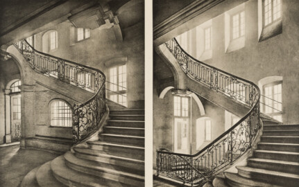 Das Bruchsaler Schloss - Corps de Logis, südliche Nebentreppe (42 a, 93 a, 144 a, 179 a) 1782 (Blatt 77 der Mappe "Fritz Hirsch: Das Bruchsaler Schloss aus Anlass der Renovation (1900-1909)", erschienen: Heidelberg, Carl Winter's Universitätsbuchhandlung, 1910; Mappe aus dem Bestand des Städtischen Museums Bruchsal; Reproduktion durch Dr. Manfred Schneider, mit freundlicher Genehmigung des Museums) Das Bruchsaler Schloss - Corps de Logis, südliche Nebentreppe (42 a, 93 a, 144 a, 179 a) 1782 (Blatt 77 der Mappe "Fritz Hirsch: Das Bruchsaler Schloss aus Anlass der Renovation (1900-1909)", erschienen: Heidelberg, Carl Winter's Universitätsbuchhandlung, 1910; Mappe aus dem Bestand des Städtischen Museums Bruchsal; Reproduktion durch Dr. Manfred Schneider, mit freundlicher Genehmigung des Museums)