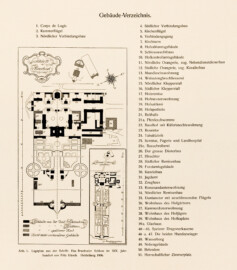Das Bruchsaler Schloss - Gebäude-Verzeichnis des Textheftes (Mappe "Fritz Hirsch: Das Bruchsaler Schloss aus Anlass der Renovation (1900-1909)", erschienen: Heidelberg, Carl Winter's Universitätsbuchhandlung, 1910; Mappe aus dem Bestand des Städtischen Museums Bruchsal; Reproduktion durch Dr. Manfred Schneider, mit freundlicher Genehmigung des Museums) Das Bruchsaler Schloss - Gebäude-Verzeichnis des Textheftes (Mappe "Fritz Hirsch: Das Bruchsaler Schloss aus Anlass der Renovation (1900-1909)", erschienen: Heidelberg, Carl Winter's Universitätsbuchhandlung, 1910; Mappe aus dem Bestand des Städtischen Museums Bruchsal; Reproduktion durch Dr. Manfred Schneider, mit freundlicher Genehmigung des Museums)