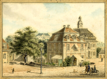 Schloss Bruchsal: Blick auf die Kommandantenwohnung und die Kanzlei; Aquarell; Maler unbekannt; gemalt vermutlich um 1850; mit freundlicher Genehmigung zur Verfügung gestellt von Andreas Froncala, Berlin
