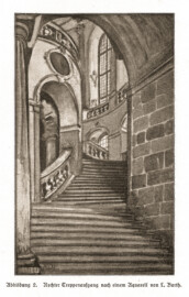 Schloss Bruchsal - Rechter Treppenaufgang nach einem Aquarell von L. Barth; aus: Otto Recher, Das Schloß in Bruchsal, ca. 1930; mit freundlicher Genehmigung zur Verfügung gestellt von Andreas Froncala, Berlin