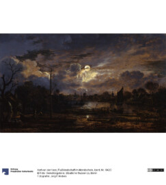 Schloss Bruchsal - Ehemaliger Gemäldebestand - Sammlung der Familie Hutten - Vermutlich ehemals im Besitz von Franz Christoph von Hutten zum Stolzenberg - Gemälde "Flußlandschaft im Mondschein" (gemalt 1648-1650 von Aert van der Neer (1603-1677); Gemäldegalerie der Staatlichen Museen zu Berlin - Preußischer Kulturbesitz; 1874 Ankauf mit der Sammlung des Bankiers Barthold Suermondt) - Unverändertes Bild - Quelle: http://www.smb-digital.de/eMuseumPlus?service=ExternalInterface&module=collection&objectId=865457&viewType=detailView - CC BY-NC-SA 3.0 DE - https://creativecommons.org/licenses/by-nc-sa/3.0/de/ - Dank an Andreas Froncala, Berlin für den Hinweis auf das Gemälde aus der Sammlung der Familie Hutten