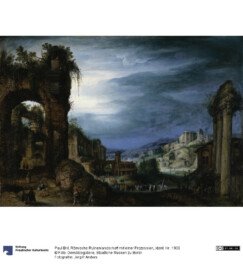 Schloss Bruchsal - Ehemaliger Gemäldebestand - Sammlung der Familie Hutten - Vermutlich ehemals im Besitz von Franz Christoph von Hutten zum Stolzenberg - Gemälde "Römische Ruinenlandschaft mit einer Prozession" (gemalt 1600-1610 von Paul Bril (1554 - 1626); Gemäldegalerie der Staatlichen Museen zu Berlin - Preußischer Kulturbesitz) - Unverändertes Bild - Quelle: http://www.smb-digital.de/eMuseumPlus?service=ExternalInterface&module=collection&objectId=863730&viewType=detailView - CC BY-NC-SA 3.0 DE - https://creativecommons.org/licenses/by-nc-sa/3.0/de/ - Dank an Andreas Froncala, Berlin für den Hinweis auf das Gemälde aus der Sammlung der Familie Hutten
