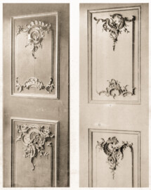 Schloss Bruchsal - Fensterlaibungen (Bildnachweis: Tafel 15 aus dem Buch von Cornelius Gurlitt: Das Barock- und Rococo-Ornament Deutschlands - Die Architektur und das Kunstgewerbe des XVII. und XVIII. Jahrhunderts - 1885; SLUB; http://digital.slub-dresden.de/id44587287X/6; CC BY-SA 4.0)