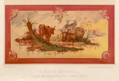 Schloss Bruchsal - Untere Füllung der Täfelung - Sog. Watteau-Zimmer (XVIII Jahrh.) - M. Seliger aufg. - Verlag Lith. und Druck von Ernst Wasmuth, Berlin (Bildnachweis: "Ernst Ewald - Farbige Decorationen, Band 2 - 1896", Tafel 49; Digitalisat der Württembergische Landesbibliothek Stuttgart; Persistente URL: http://digital.wlb-stuttgart.de/purl/bsz516763083)