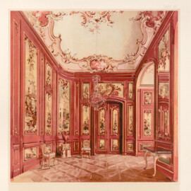 Schloss Bruchsal - Sog. Watteau-Zimmer (XVIII Jahrh.) - M. Seliger aufg. - Verlag Lith. und Druck von Ernst Wasmuth, Berlin (Bildnachweis: "Ernst Ewald - Farbige Decorationen, Band 2 - 1896", Tafel 49; Digitalisat der Württembergische Landesbibliothek Stuttgart; Persistente URL: http://digital.wlb-stuttgart.de/purl/bsz516763083)