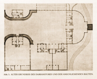 Seite 17 -- Alter Grundriss des Damianstores und der anschliessenden Bauten -- "Fritz Hirsch - Das Bruchsaler Schloss aus Anlass der Renovation (1900 - 1909) -1910"; Digitalisat der Württembergische Landesbibliothek Stuttgart; Persistente URL: http://digital.wlb-stuttgart.de/purl/bsz517378221 Seite 17 -- Alter Grundriss des Damianstores und der anschliessenden Bauten -- "Fritz Hirsch - Das Bruchsaler Schloss aus Anlass der Renovation (1900 - 1909) -1910"; Digitalisat der Württembergische Landesbibliothek Stuttgart; Persistente URL: http://digital.wlb-stuttgart.de/purl/bsz517378221