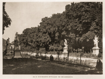 Schloss Bruchsal -- Schlossgarten, Mittelallee. Die Vier Jahreszeiten -- Seite 42 -- "Fritz Hirsch - Das Bruchsaler Schloss aus Anlass der Renovation (1900 - 1909) -1910"; Digitalisat der Württembergische Landesbibliothek Stuttgart; Persistente URL: http://digital.wlb-stuttgart.de/purl/bsz517378221