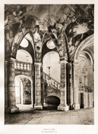 Schloss Bruchsal -- Corps de Logis. Das Haupttreppenhaus 1732 -- Blatt 21 -- "Fritz Hirsch - Das Bruchsaler Schloss aus Anlass der Renovation (1900 - 1909) -1910"; Digitalisat der Württembergische Landesbibliothek Stuttgart; Persistente URL: http://digital.wlb-stuttgart.de/purl/bsz517378221