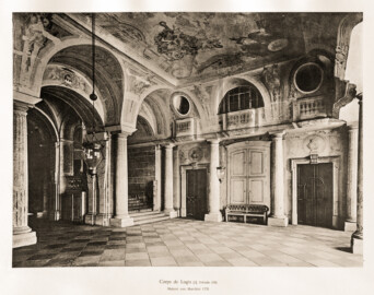 Schloss Bruchsal -- Corps de Logis, Intrada. Malerei von Marchini 1731 -- Blatt 25 -- "Fritz Hirsch - Das Bruchsaler Schloss aus Anlass der Renovation (1900 - 1909) -1910"; Digitalisat der Württembergische Landesbibliothek Stuttgart; Persistente URL: http://digital.wlb-stuttgart.de/purl/bsz517378221