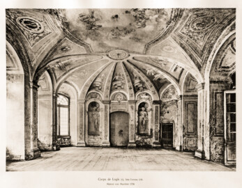 Schloss Bruchsal -- Corps de Logis, Sala Terrena. Malerei von Marchini 1736 -- Blatt 26 -- "Fritz Hirsch - Das Bruchsaler Schloss aus Anlass der Renovation (1900 - 1909) -1910"; Digitalisat der Württembergische Landesbibliothek Stuttgart; Persistente URL: http://digital.wlb-stuttgart.de/purl/bsz517378221