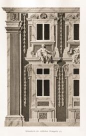 Schloss Bruchsal -- Schmalseite der südlichen Orangerie -- Blatt 27 -- Schmalseite der südlichen Orangerie Kammerflügels. Fassadenmalerei Marchinis 1731-36 -- "Fritz Hirsch - Das Bruchsaler Schloss aus Anlass der Renovation (1900 - 1909) -1910"; Digitalisat der Württembergische Landesbibliothek Stuttgart; Persistente URL: http://digital.wlb-stuttgart.de/purl/bsz517378221