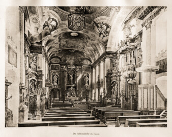 Schloss Bruchsal -- Schlosskirche, Ostseite -- Blatt 29 -- "Fritz Hirsch - Das Bruchsaler Schloss aus Anlass der Renovation (1900 - 1909) -1910"; Digitalisat der Württembergische Landesbibliothek Stuttgart; Persistente URL: http://digital.wlb-stuttgart.de/purl/bsz517378221